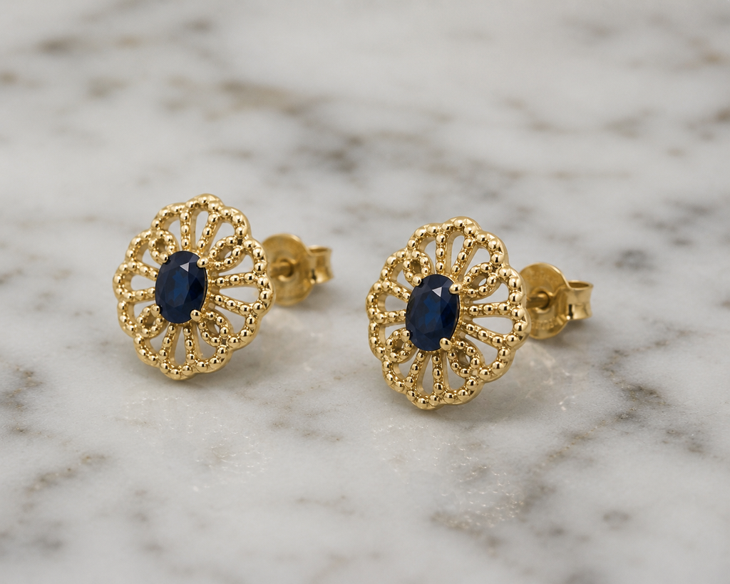9ct Yellow Gold Blue Sapphire Filigree Stud Earrings