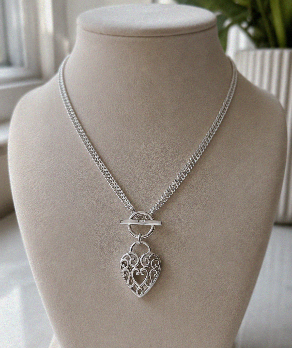 Large Filigree Heart Double Chain T-Bar Necklace in Sterling Silver