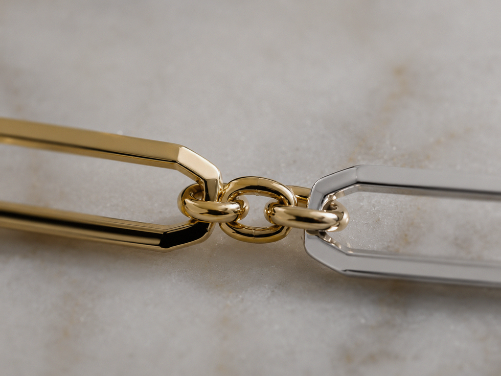 Elongated Link Chain Necklace in 9ct Yellow & White Gold