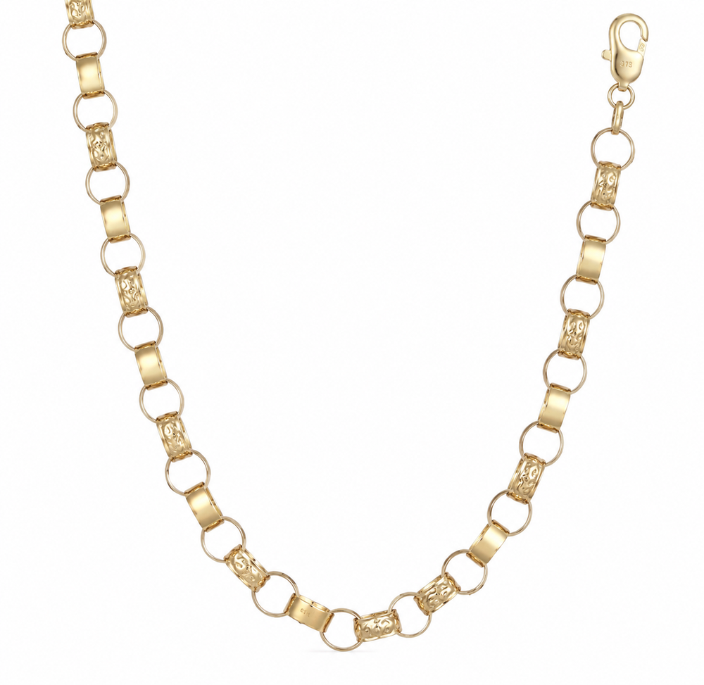 9ct Yellow Gold Engraved & Plain Belcher Chain Necklace – Solid Gold