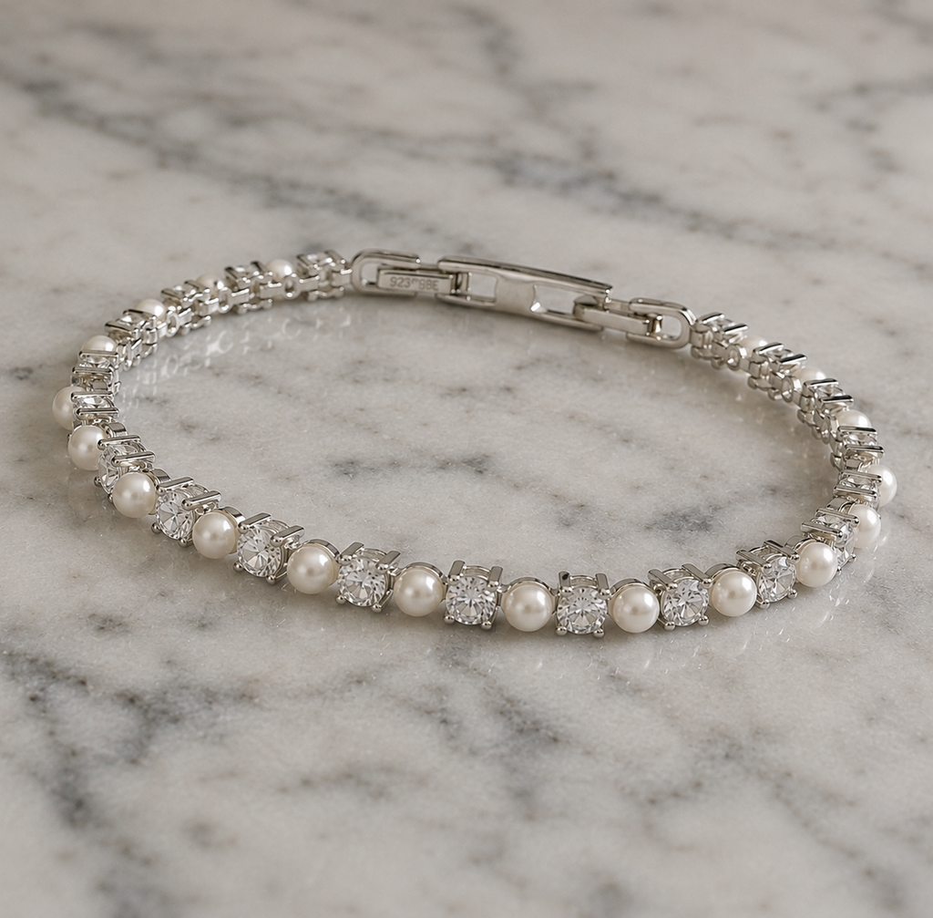Diamonfire Sterling Silver Pearl and Zirconia Tennis Bracelet