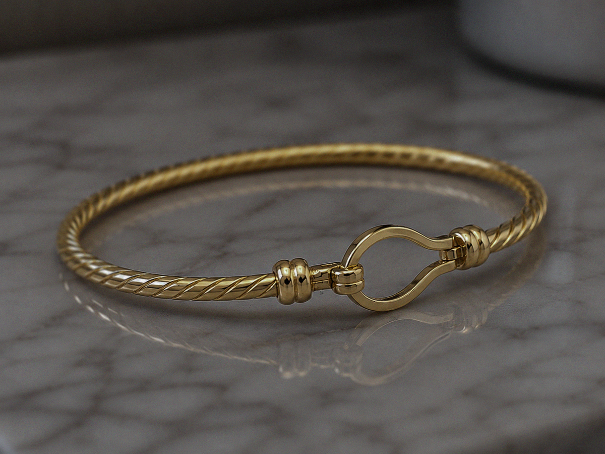 9ct Yellow Gold Plain Twisted Hook Bangle – 12.4g