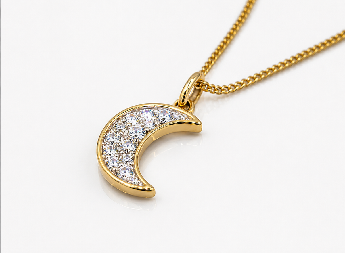 9ct Yellow Gold Diamond Crescent Moon Necklace