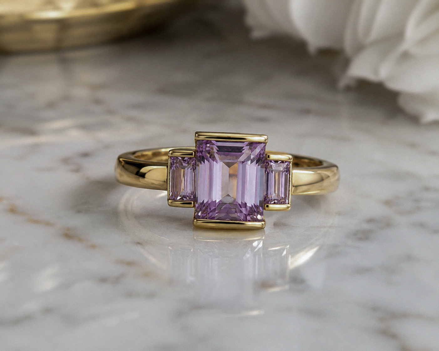 9ct Yellow Gold Trilogy Rose de France Amethyst Ring