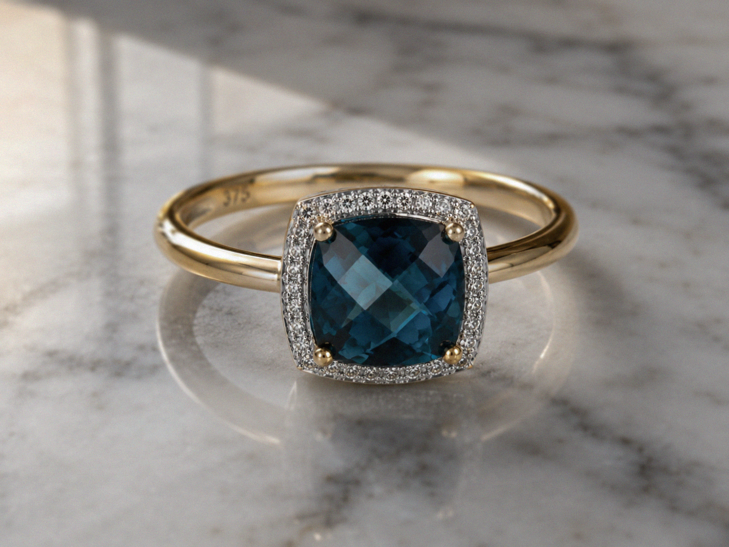 Checkerboard London Blue Topaz & Diamond Ring in 9ct Gold
