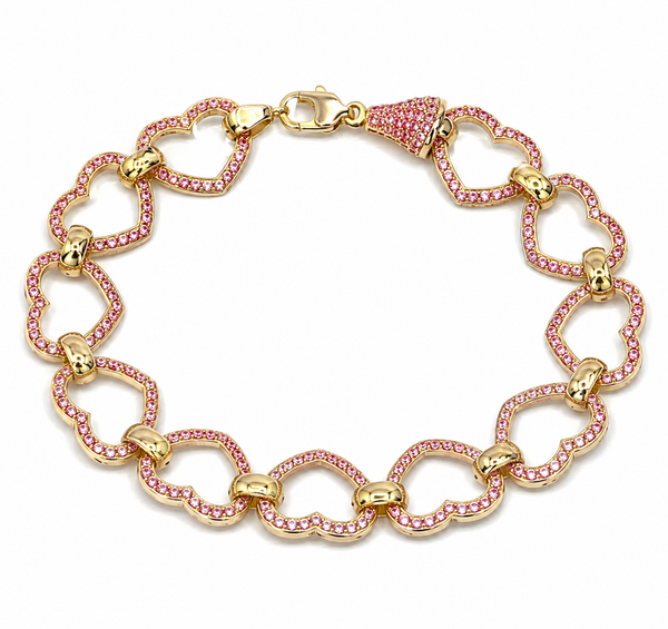 9ct Yellow Gold Pink Cubic Zirconia Heart Belcher Bracelet 7.5 Inch