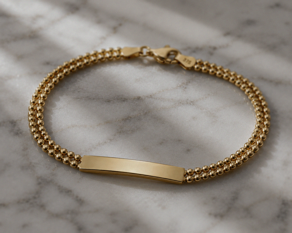 9ct Yellow Gold ID Bar Double Bead Chain Bracelet
