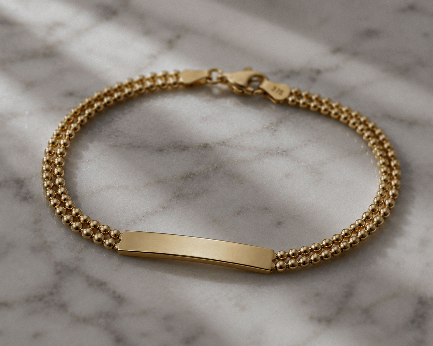 9ct Yellow Gold ID Bar Double Bead Chain Bracelet