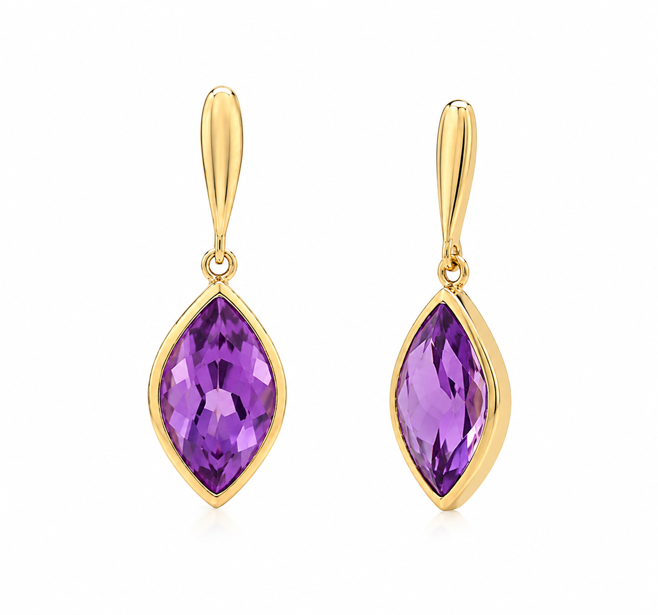 9ct Yellow Gold Flame Cut Amethyst Drop Earrings