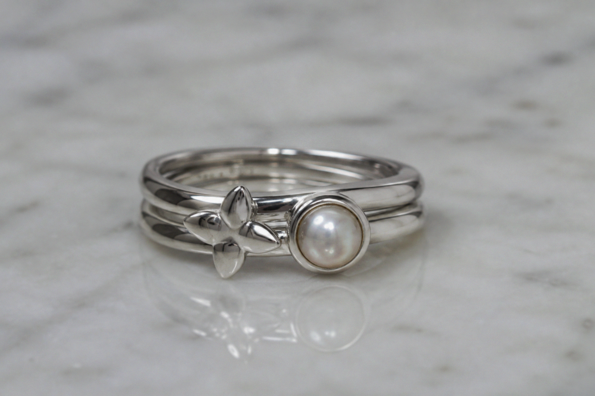 Laura Ashley Hartley Check Silver Mabe Pearl Stacking Rings