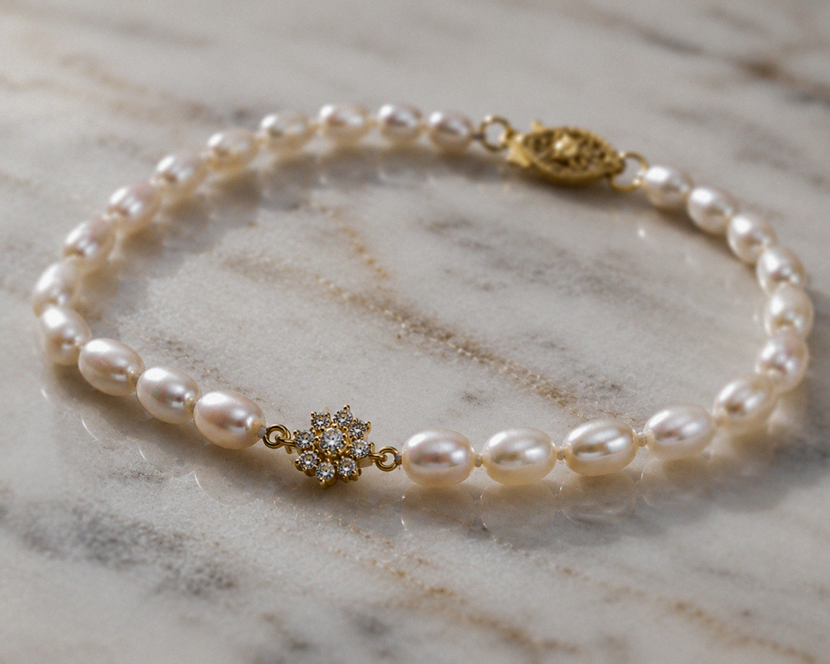 Seed Pearl & Diamond Flower Bracelet in 9ct Yellow Gold