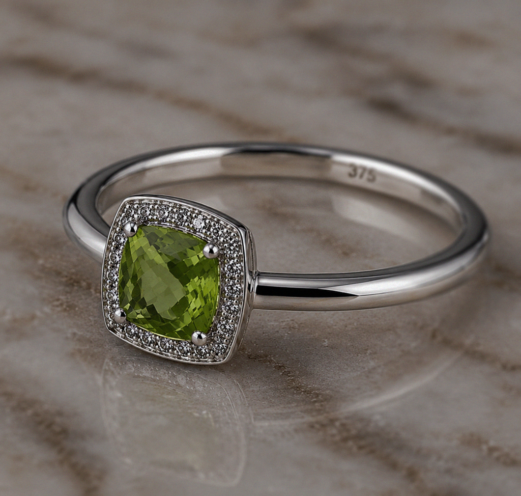 9ct White Gold Cushion-Cut Peridot & Diamond Halo Ring