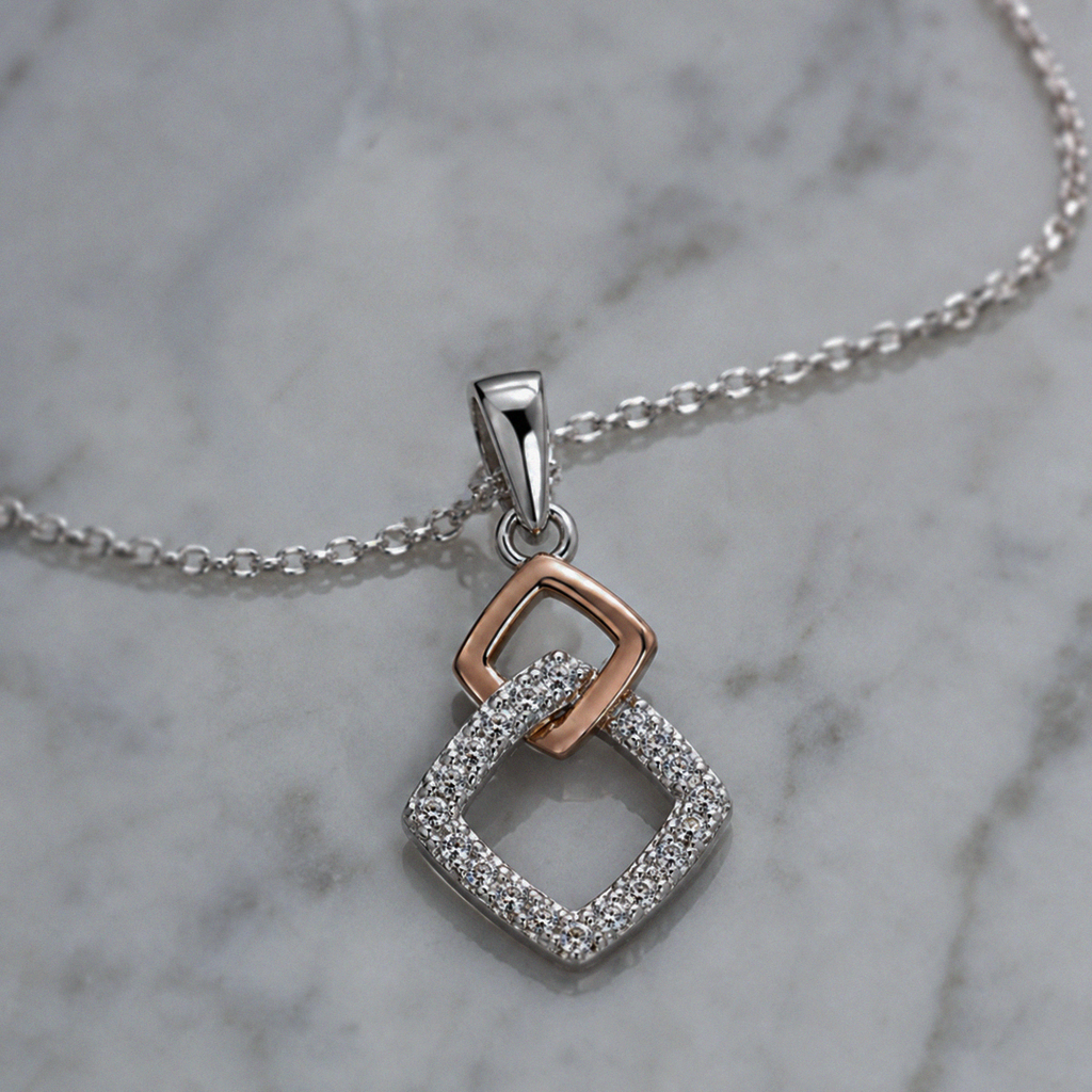 Sterling Silver Two-Tone Cubic Zirconia Square Pendant Necklace
