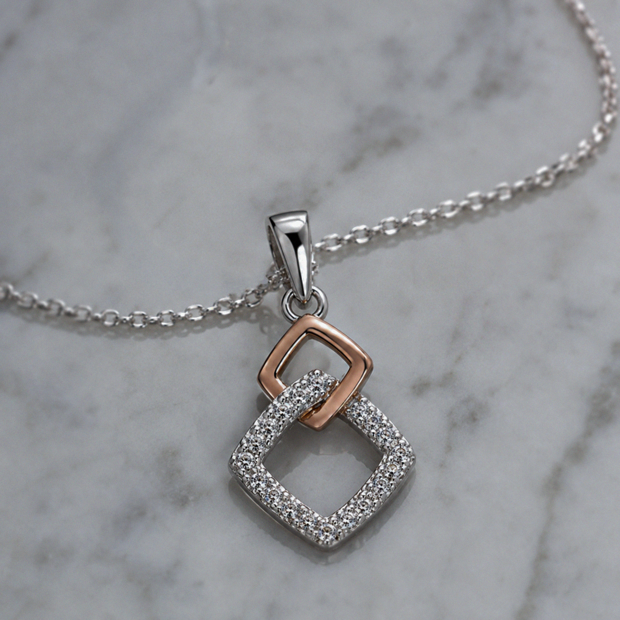 Sterling Silver Two-Tone Cubic Zirconia Square Pendant Necklace