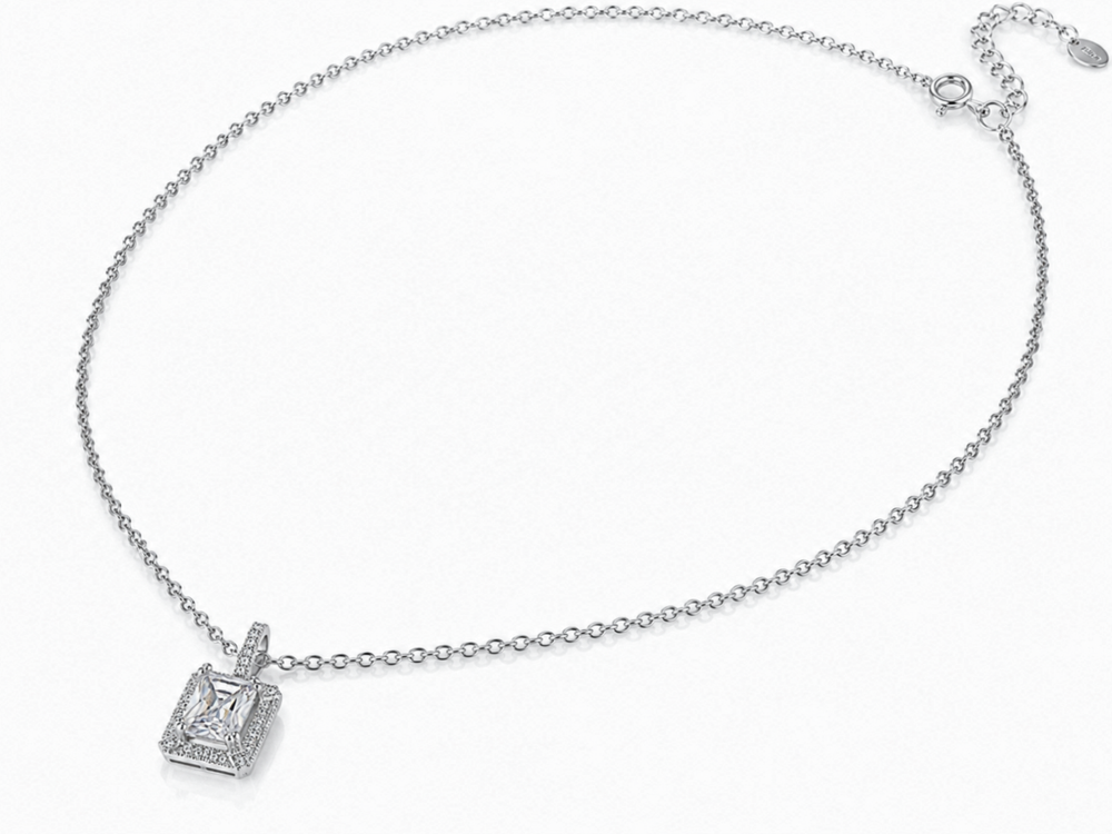 Sterling Silver Cubic Zirconia Rectangular Halo Pendant Necklace