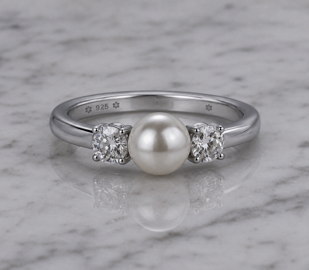 Diamonfire Sterling Silver Shell Pearl & Zirconia Trilogy Ring