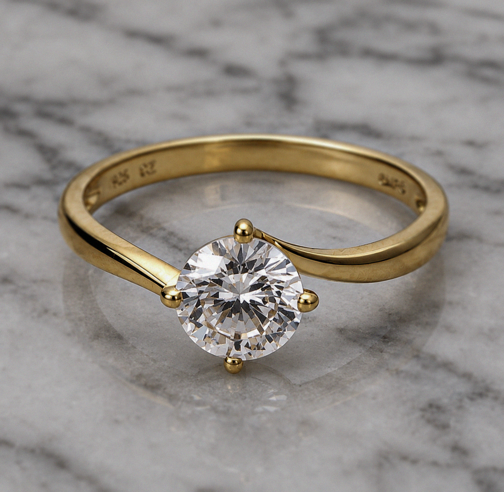 Sterling Silver Yellow Gold Plated Cubic Zirconia Solitaire Ring