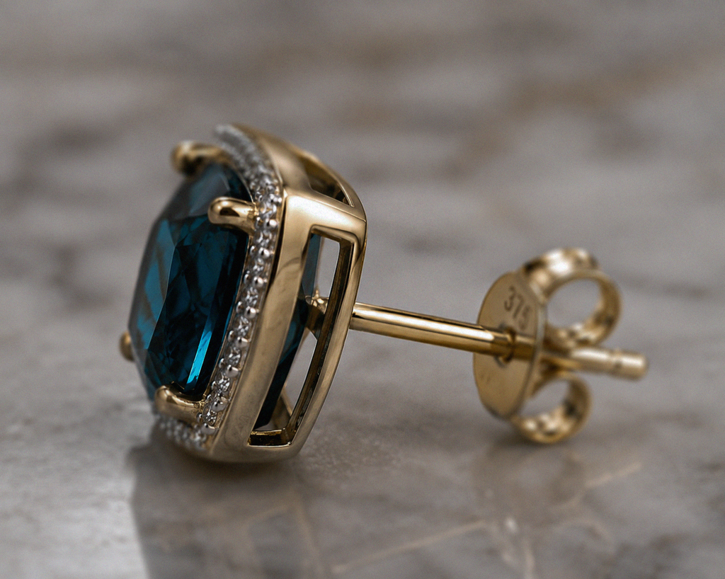 London Blue Topaz & Diamond Earrings in 9ct Gold.