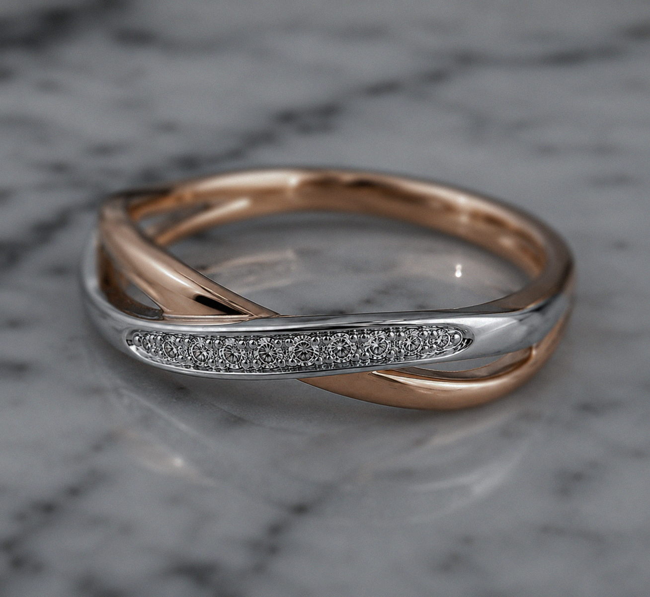 9ct White & Rose Gold Twist Ring with Pavé Diamonds