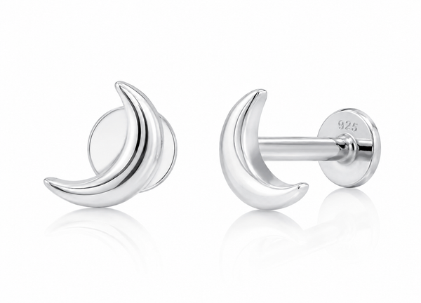 Sterling Silver Crescent Moon Labret Stud Earrings – Pair