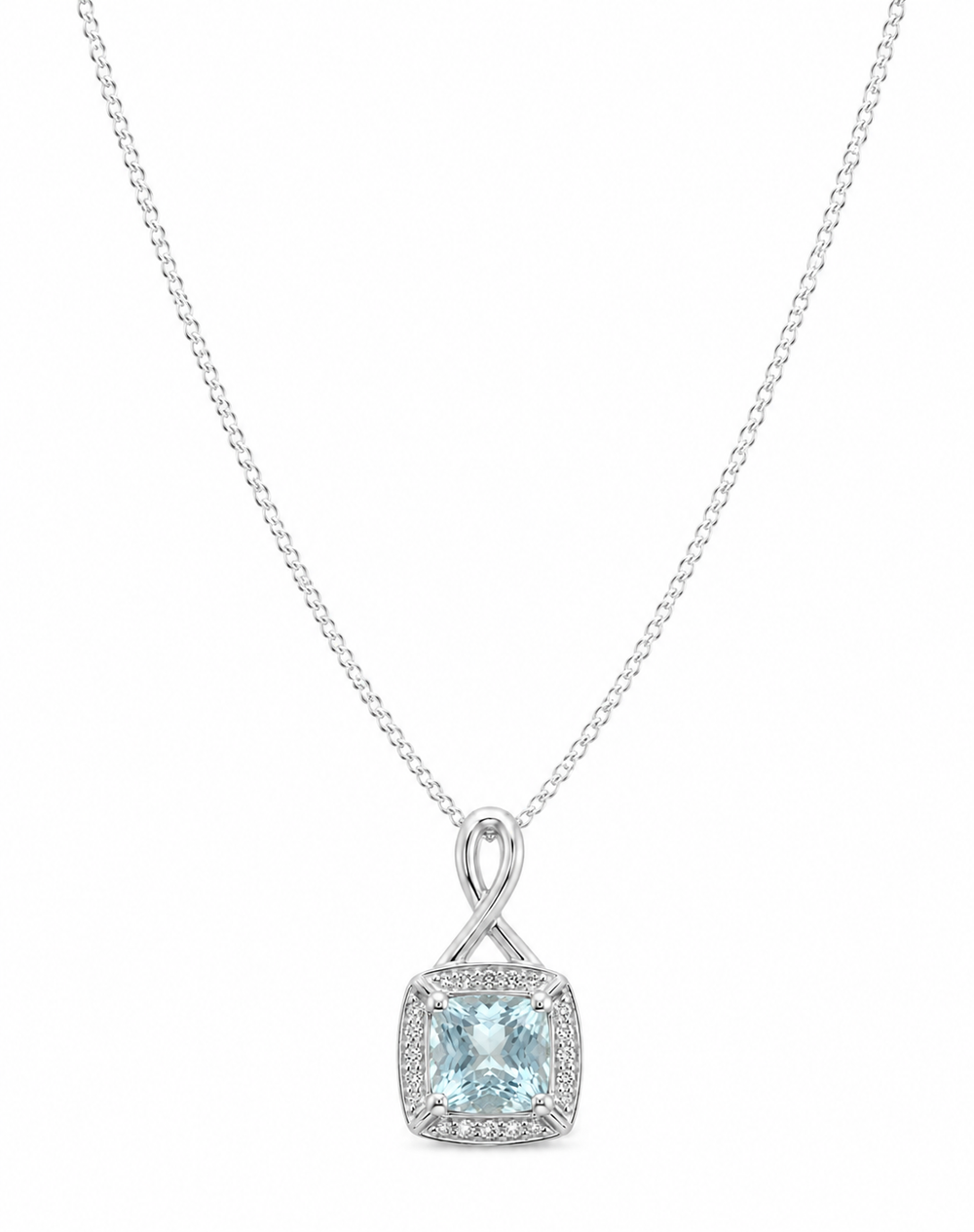 9ct White Gold Aquamarine & Diamond Twist Pendant with Diamond-Cut Curb Chain