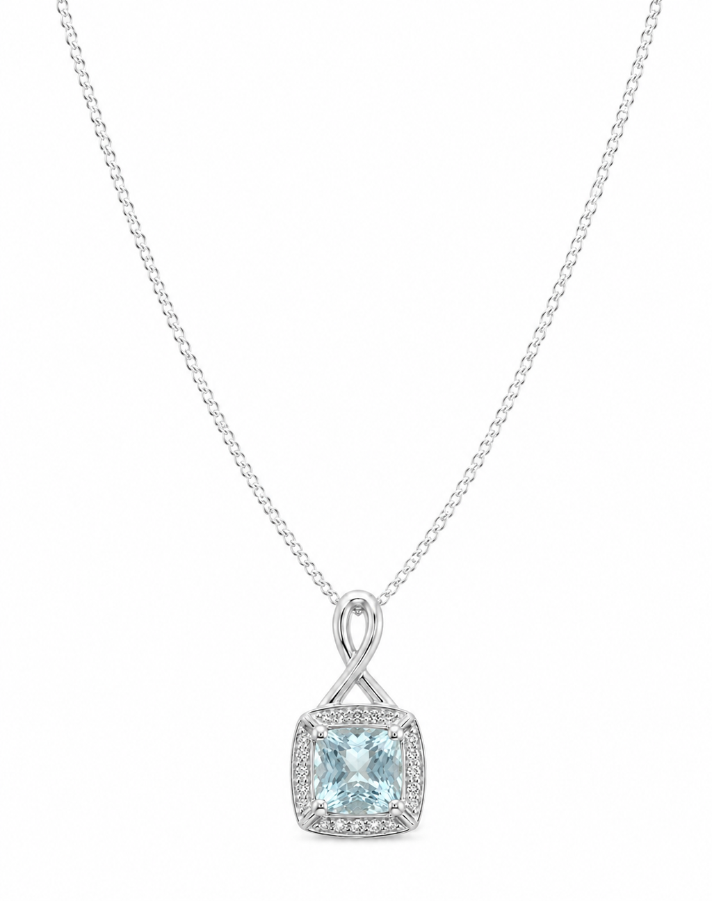 9ct White Gold Aquamarine & Diamond Twist Pendant with Diamond-Cut Curb Chain