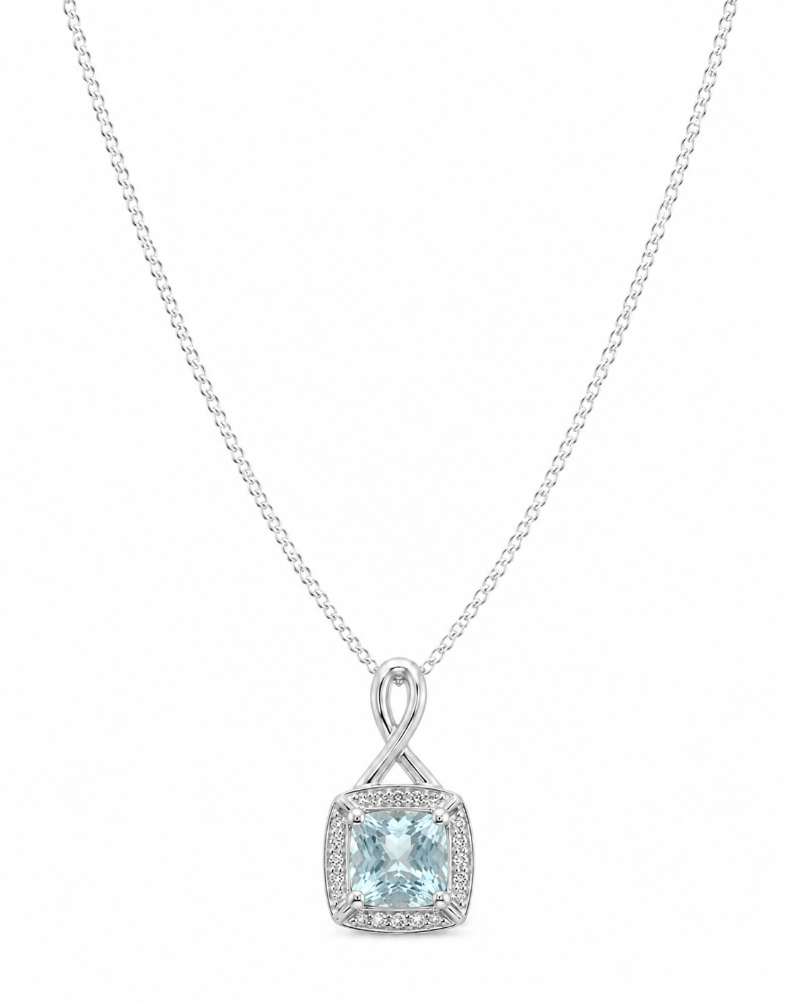 9ct White Gold Aquamarine & Diamond Twist Pendant with Diamond-Cut Curb Chain