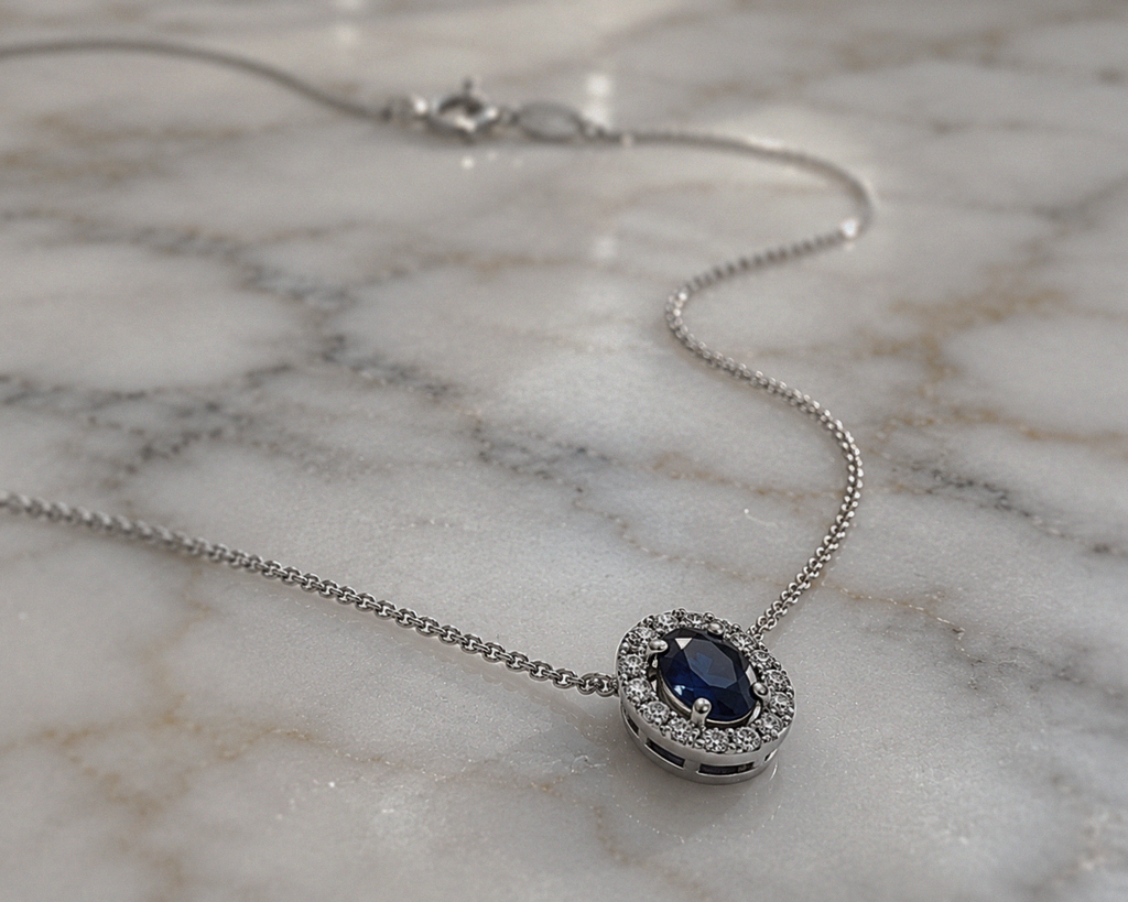 Blue Sapphire & Diamond Cluster Pendant in 9ct White Gold