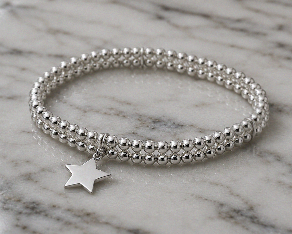 Double Row Stretch Bracelet with Star Charm – Sterling Silver