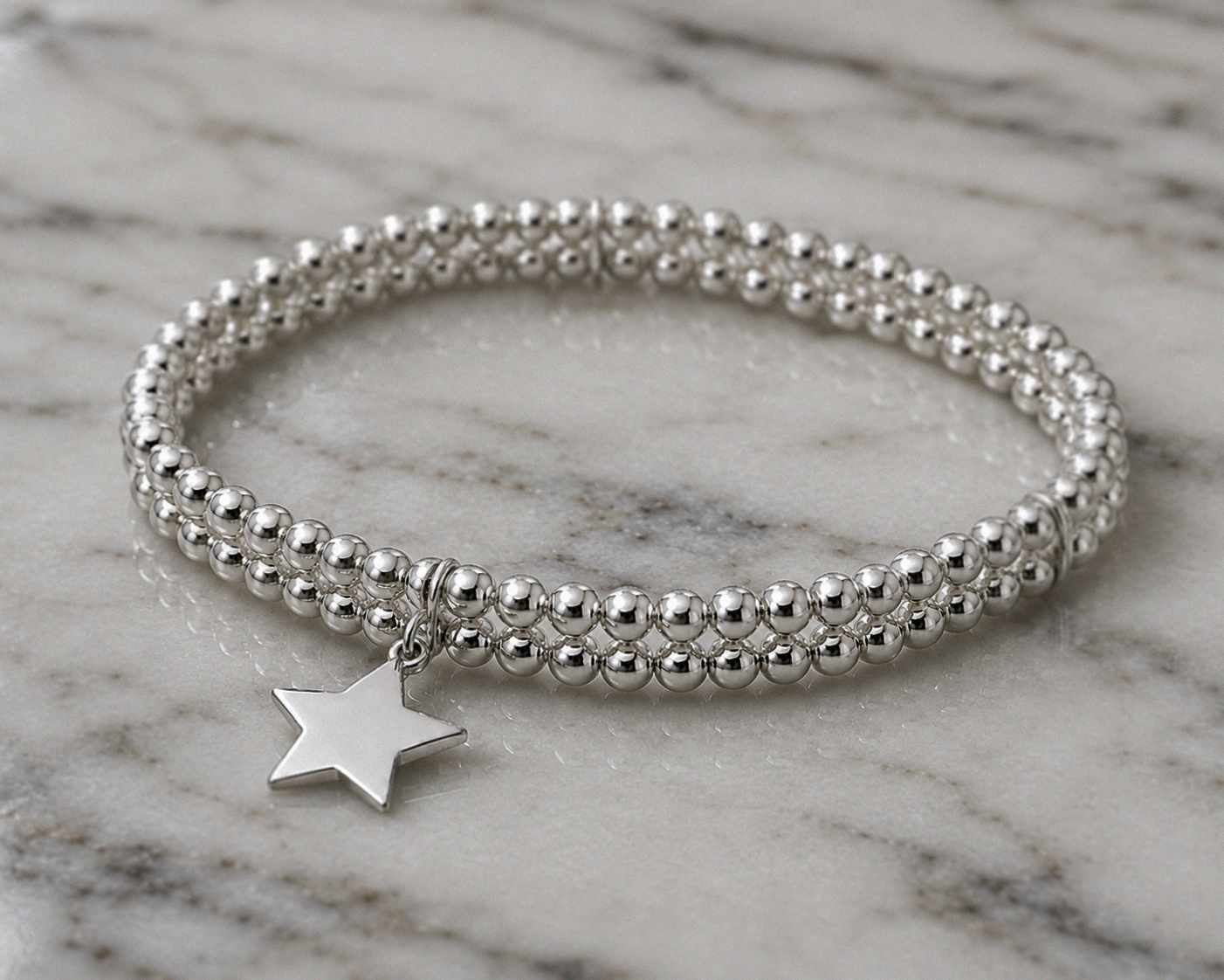 Double Row Stretch Bracelet with Star Charm – Sterling Silver