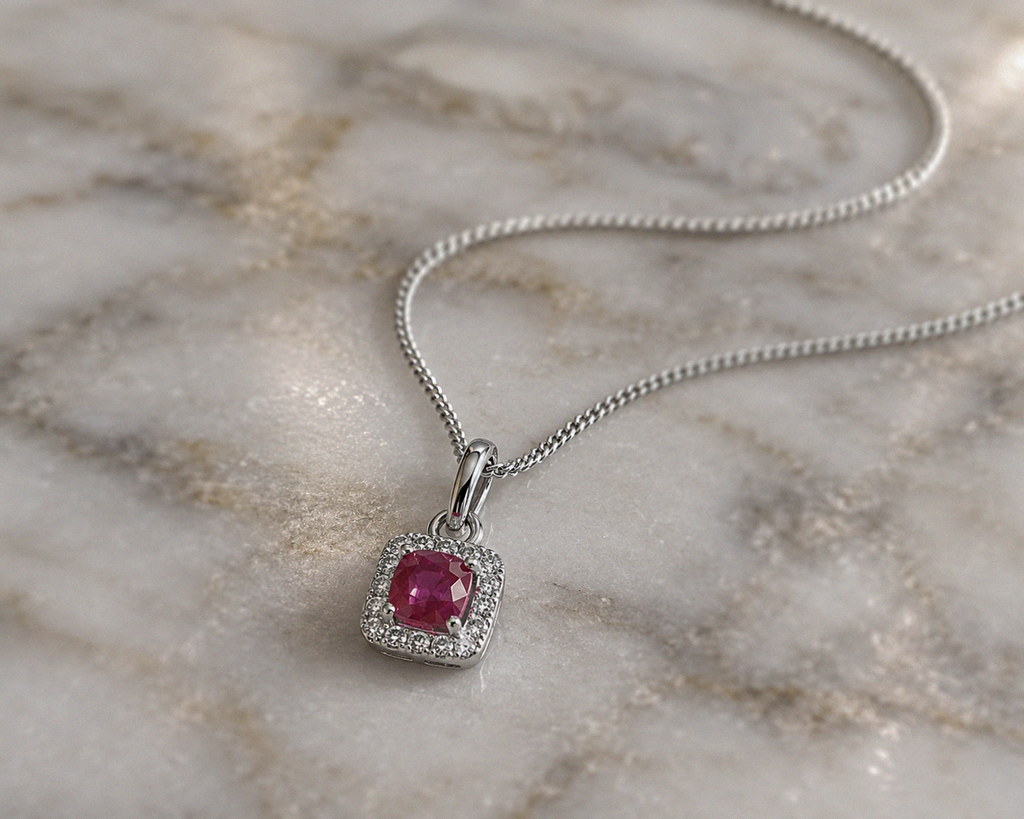 Cushion Cut Ruby & Diamond Halo Pendant Necklace in 9ct White Gold