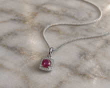 Cushion Cut Ruby & Diamond Halo Pendant Necklace in 9ct White Gold