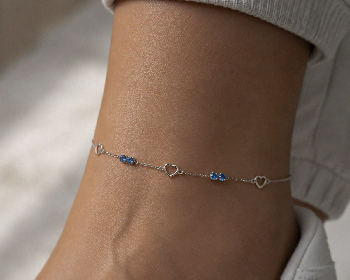 Sterling Silver Blue Crystal and Heart Anklet