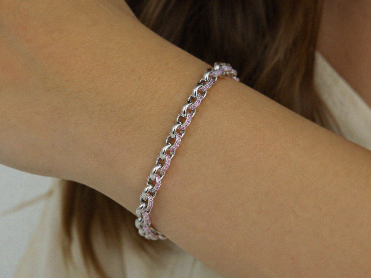 Children's Sterling Silver Pink Cubic Zirconia Belcher Bracelet