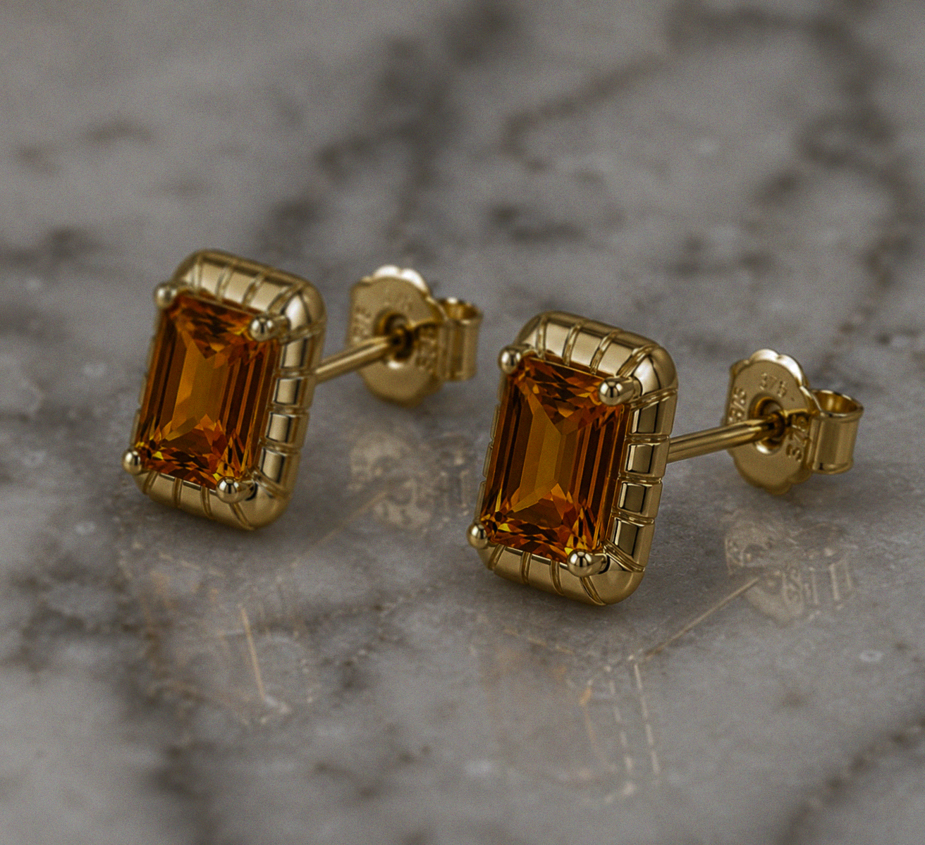 Detailed Octagon Citrine Stud Earrings in 9ct Yellow Gold