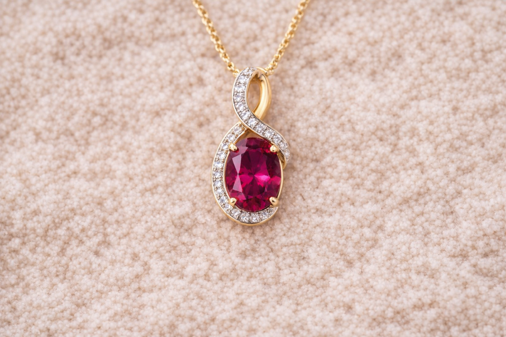 9ct Gold Garnet & Diamond Elegant Twist Necklace