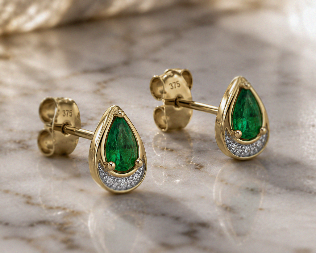 Teardrop Emerald & Diamond Stud Earrings in 9ct Yellow Gold