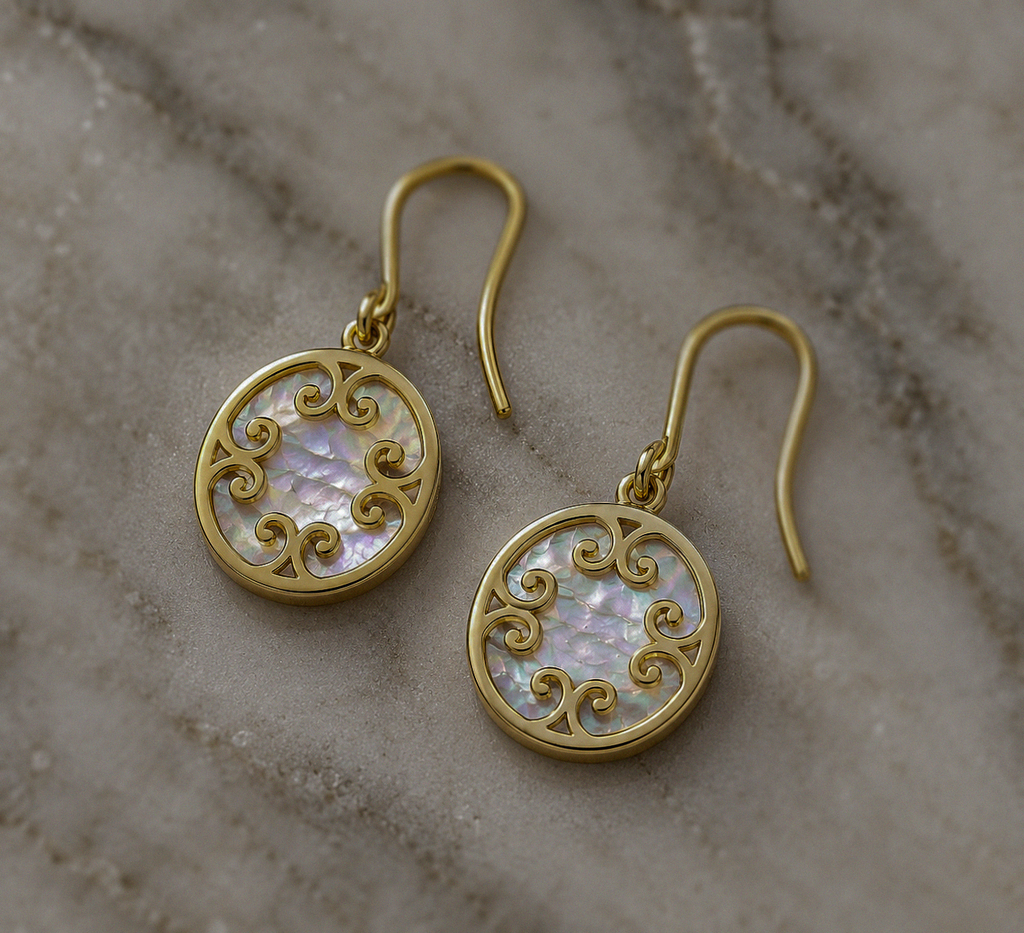 9ct Yellow Gold Mother of Pearl Swirl Drop Earrings