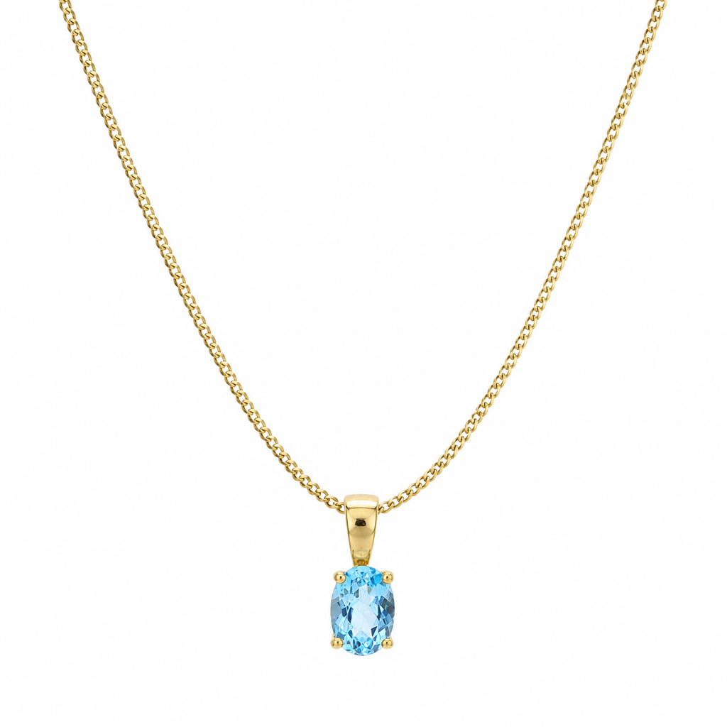 9ct Yellow Gold Swiss Blue Topaz Oval Pendant Necklace
