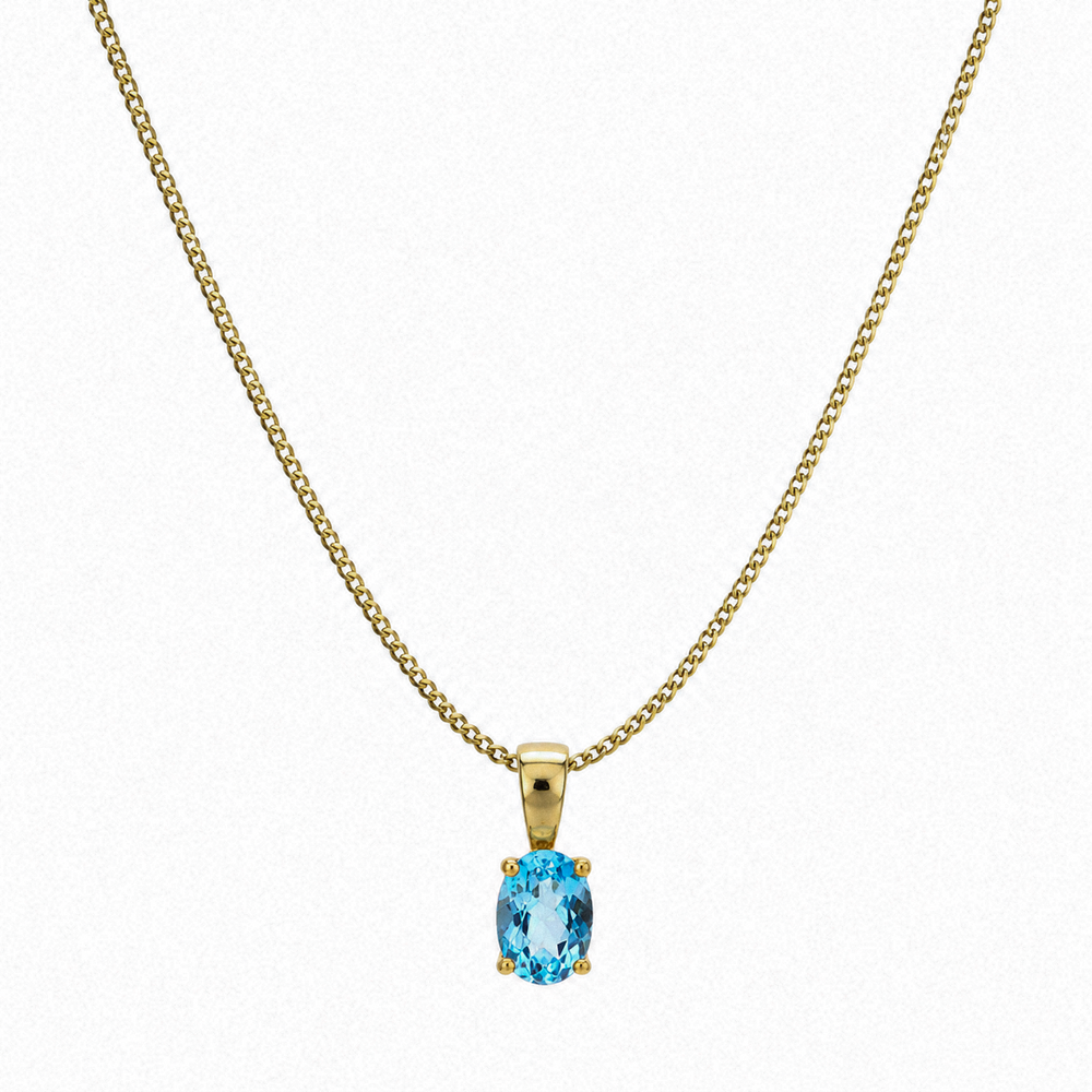9ct Yellow Gold Swiss Blue Topaz Oval Pendant Necklace
