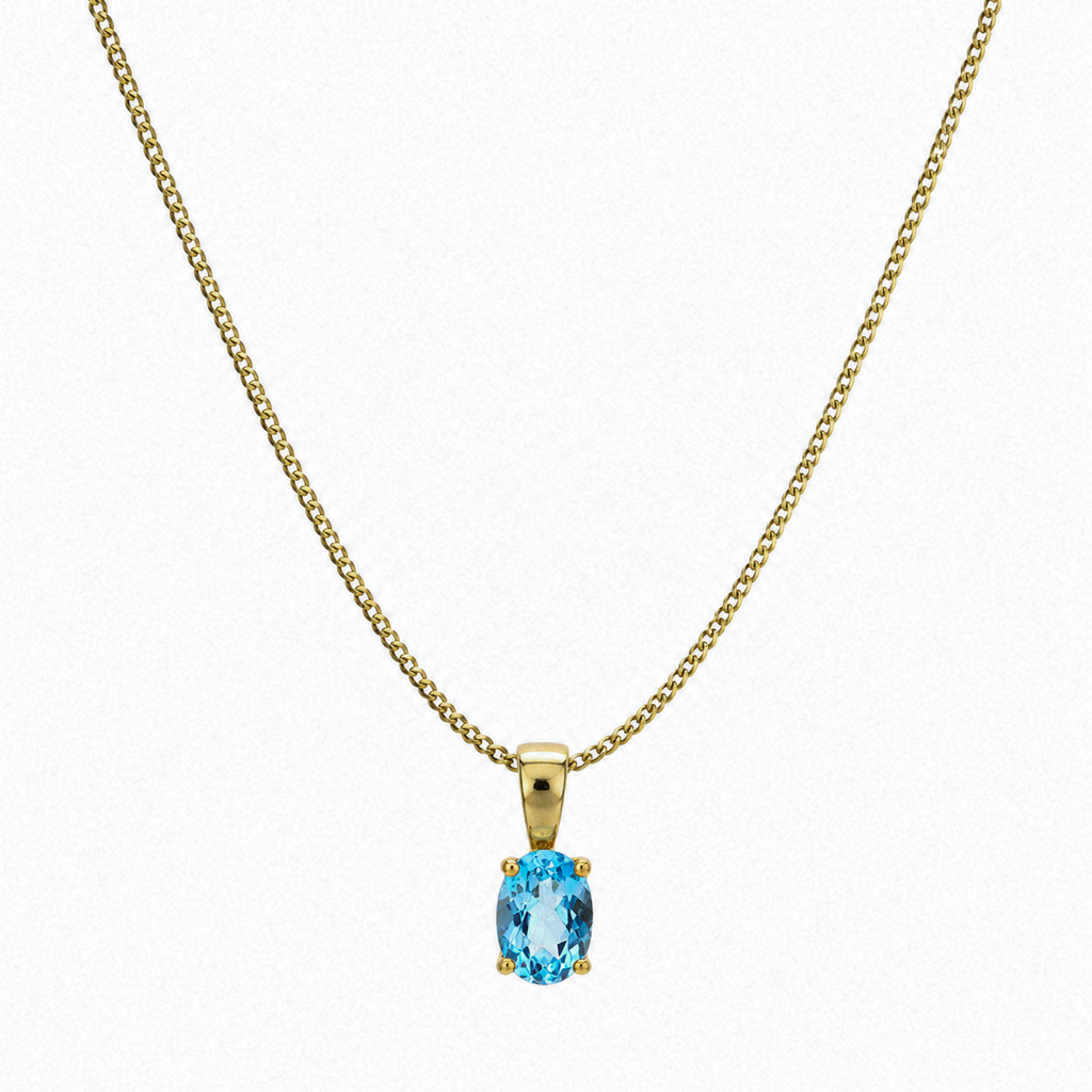 9ct Yellow Gold Swiss Blue Topaz Oval Pendant Necklace