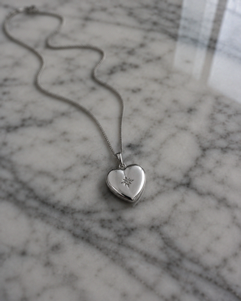 Sterling Silver Heart Locket Pendant Necklace - Starburst Details