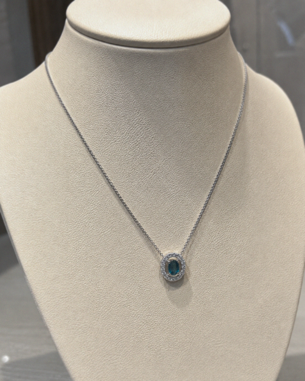 9ct White Gold Teal Sapphire & Diamond Halo Necklace