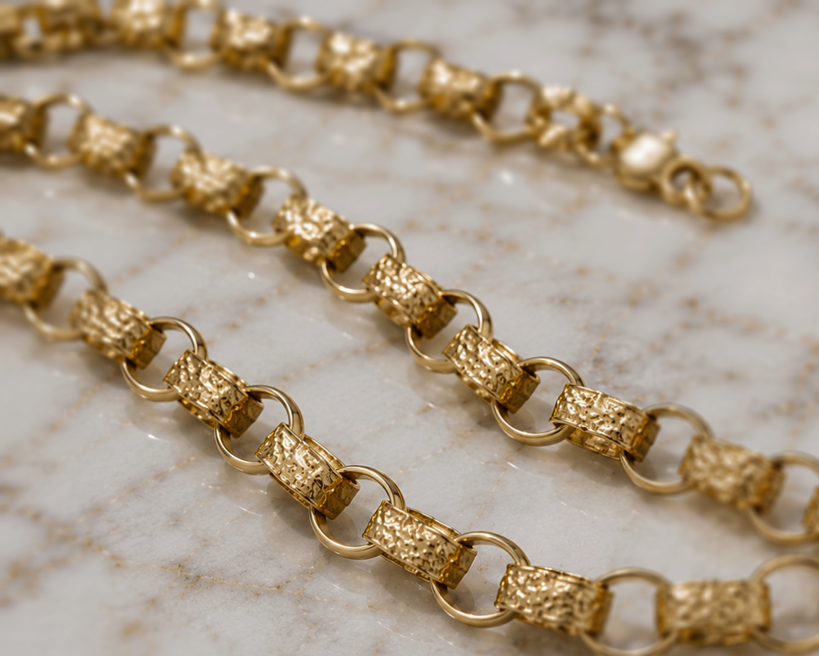 9ct Yellow Gold Heavy Belcher Chain – 24” | Solid Engraved & Plain Links