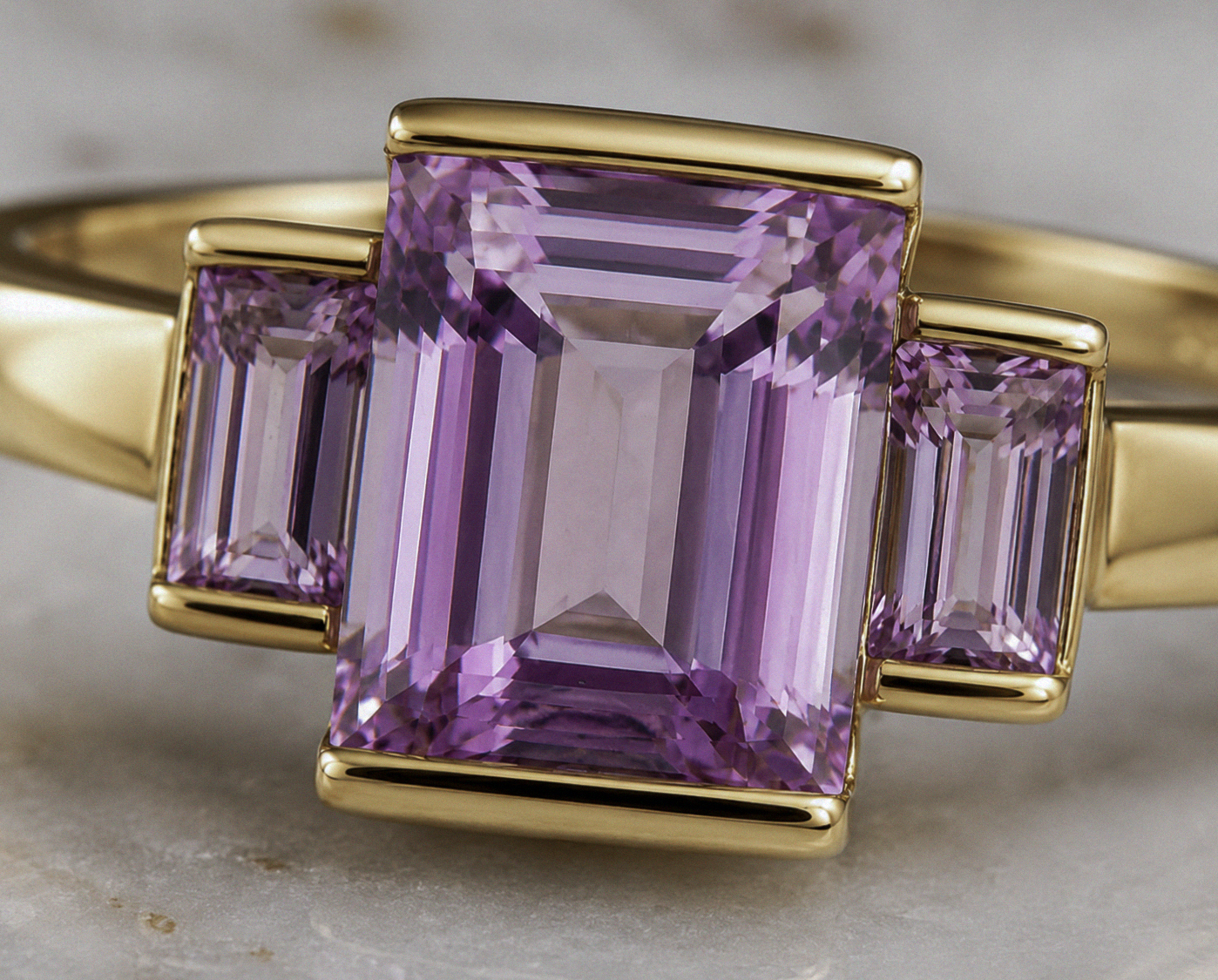 9ct Yellow Gold Trilogy Rose de France Amethyst Ring