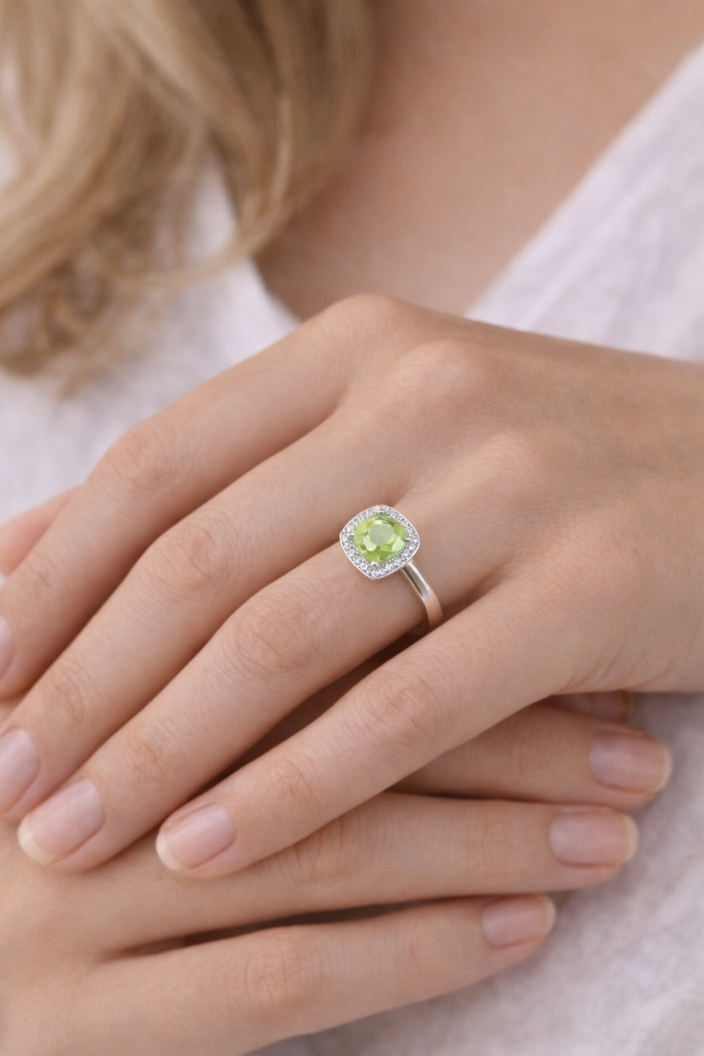 9ct White Gold Cushion-Cut Peridot & Diamond Halo Ring
