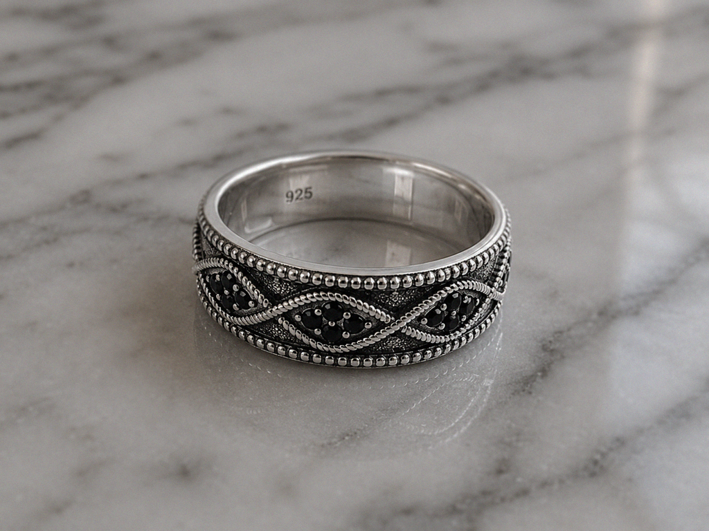 Sterling Silver Black Cubic Zirconia Wave Band Ring.