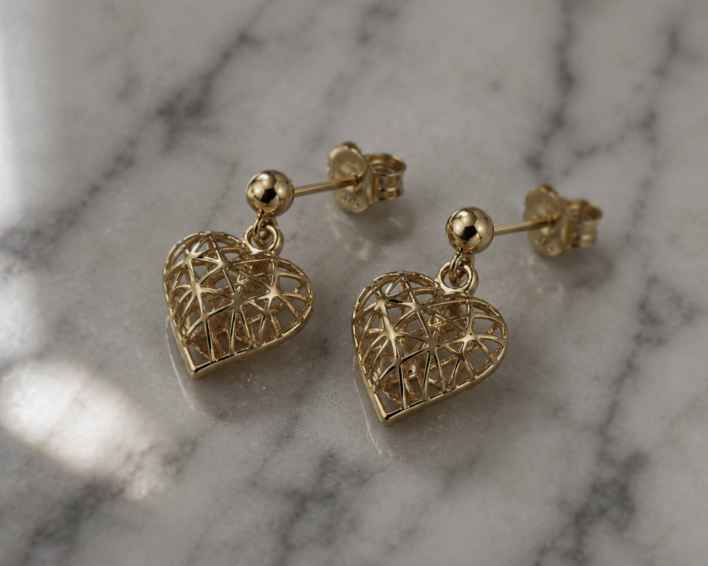 9ct Gold Caged Heart Drop Earrings