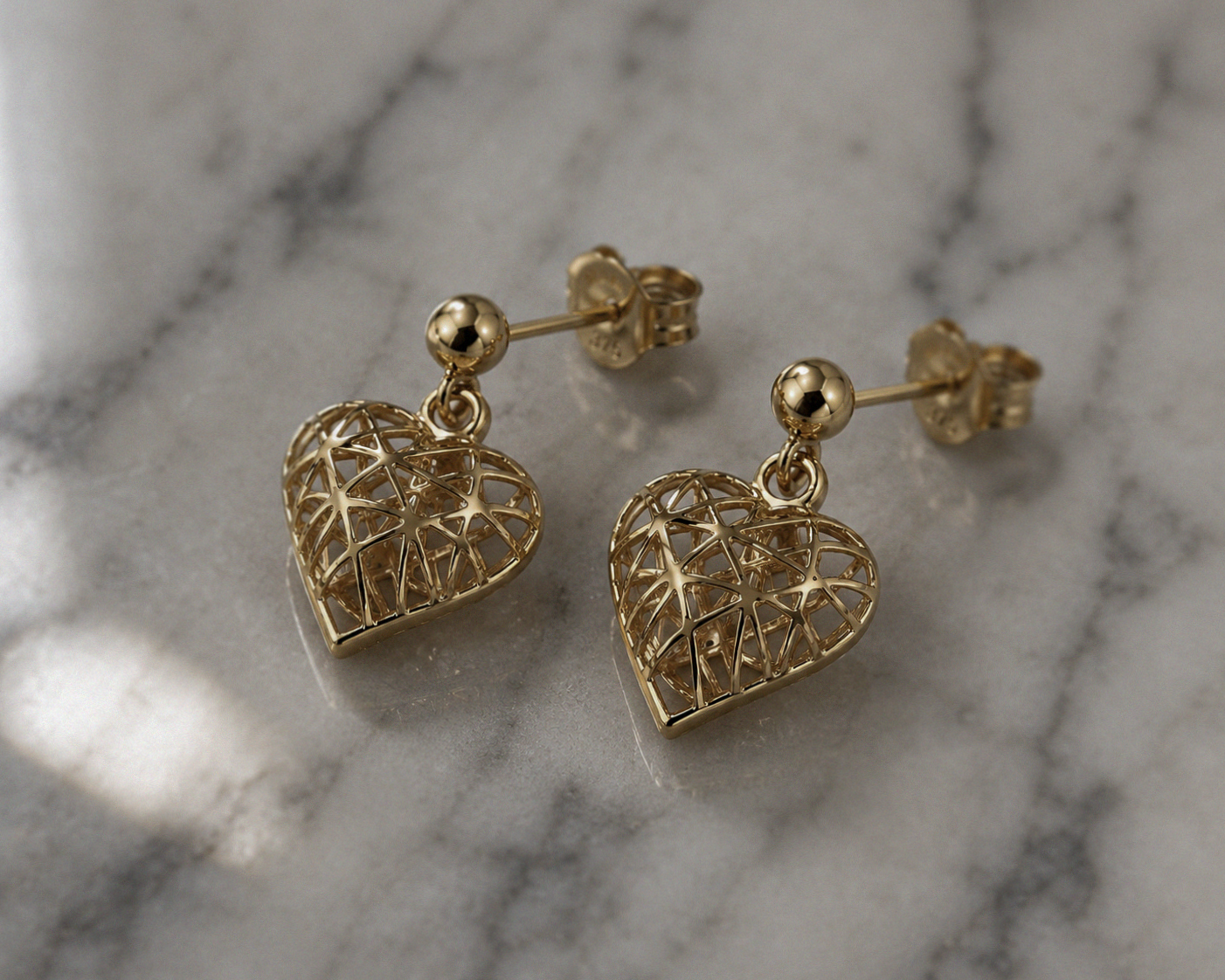 9ct Gold Caged Heart Drop Earrings