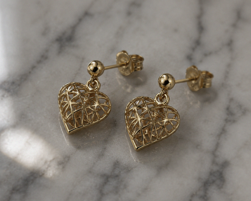 9ct Gold Caged Heart Drop Earrings